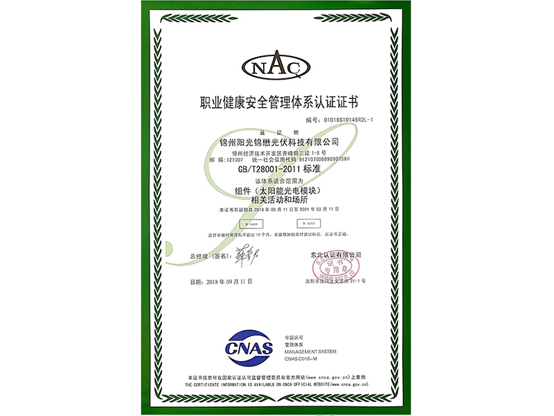Certificate of Conformity of Occupational Health and Safety Management System （Chinese）