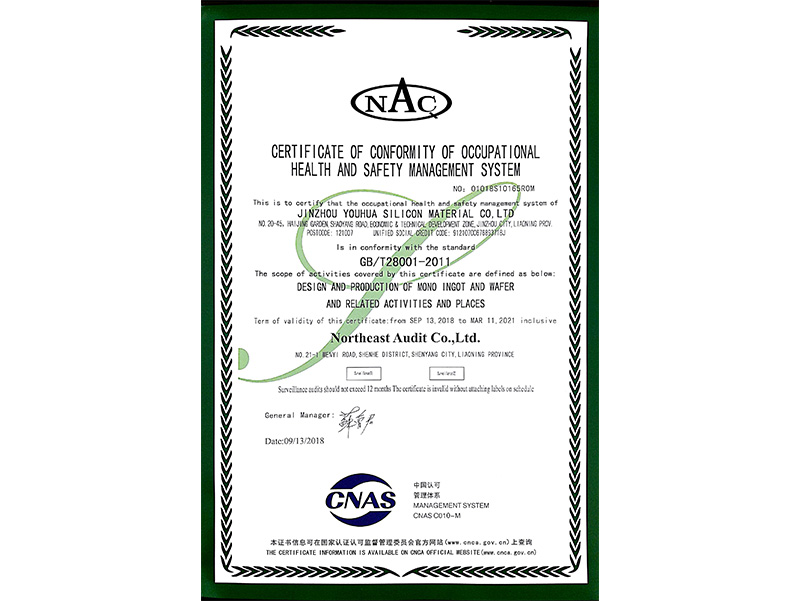 Certificate of Conformity of Occupational Health and Safety Management System （English）